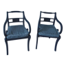 Pair of restoration-style mahogany lacrosse armchairs re-enchanted in slate grey.