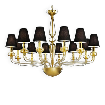 Chandelier en verre de Murano moderne et minimaliste avec accents en feuille d'or