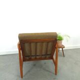 Teak Scandinavische fauteuil met bruin stoffen kussens, stoel 2