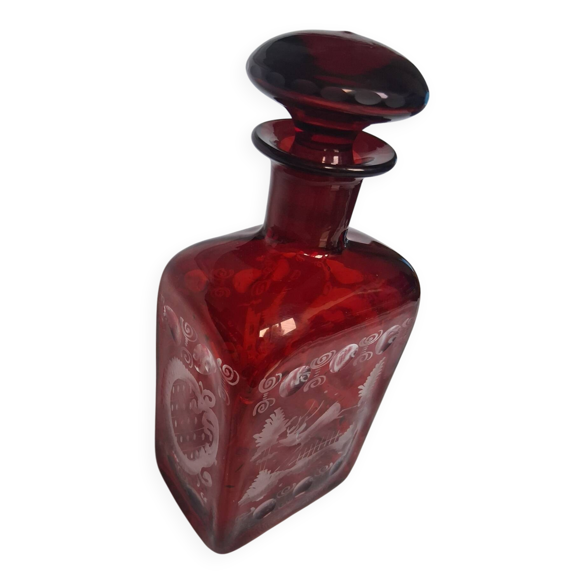 Antique Bohemian Crystal Carafe Egermann Ruby Red Engraved.