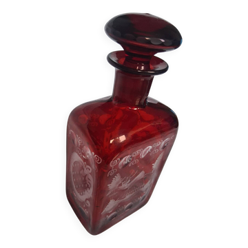 Ancienne Carafe Cristal de Bohême Egermann Rouge Rubis Gravé.