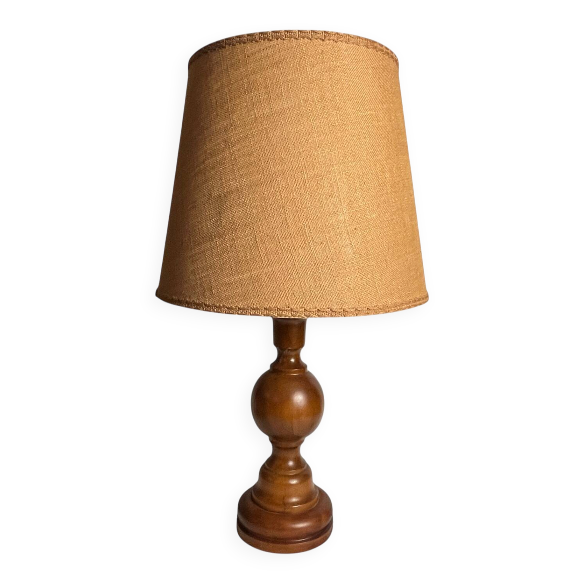 Vintage, large wooden base lamp with shade from around 1970.