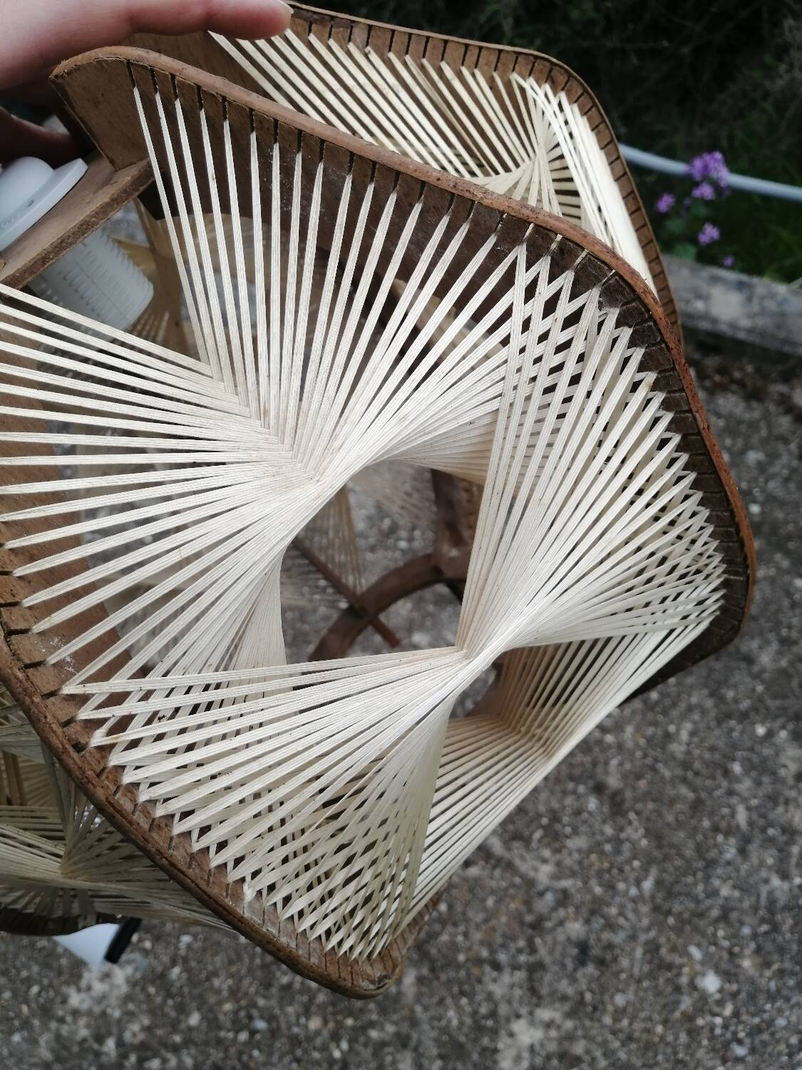 Pair of vintage wooden and rattan straw pendant lights.