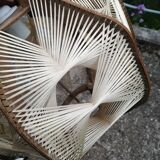Pair of vintage wooden and rattan straw pendant lights.