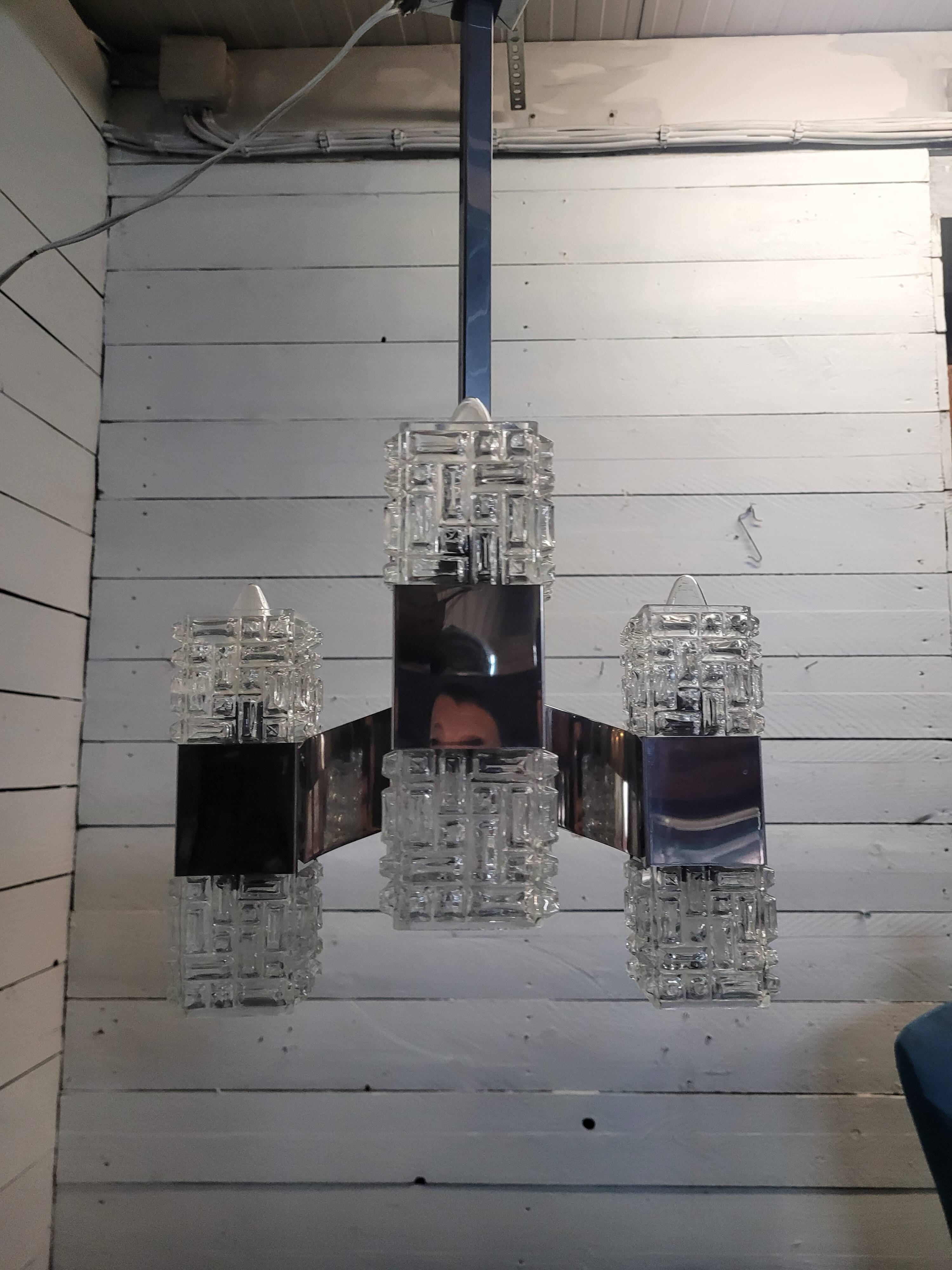 Chrome and glass pendant chandelier by Sciolari, Italy, 1960s
