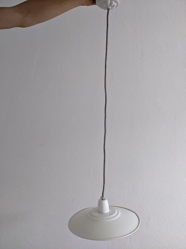 Three vintage pendant lamps, porcelain and aluminum