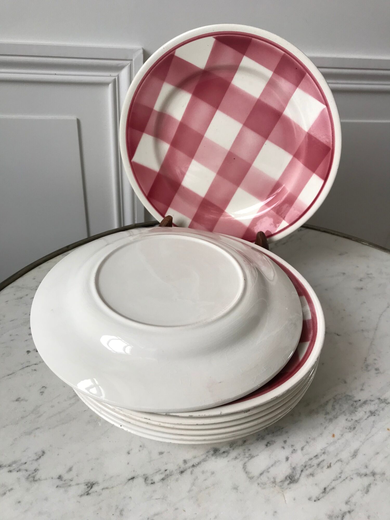 Set of 8 dessert plates fb badonviller pink gingham model 40s