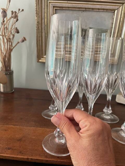 6 antique cut and engraved crystal champagne flutes