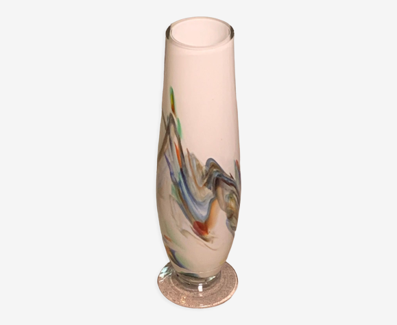 Vase soliflore en opaline blanc et multicolor vintage