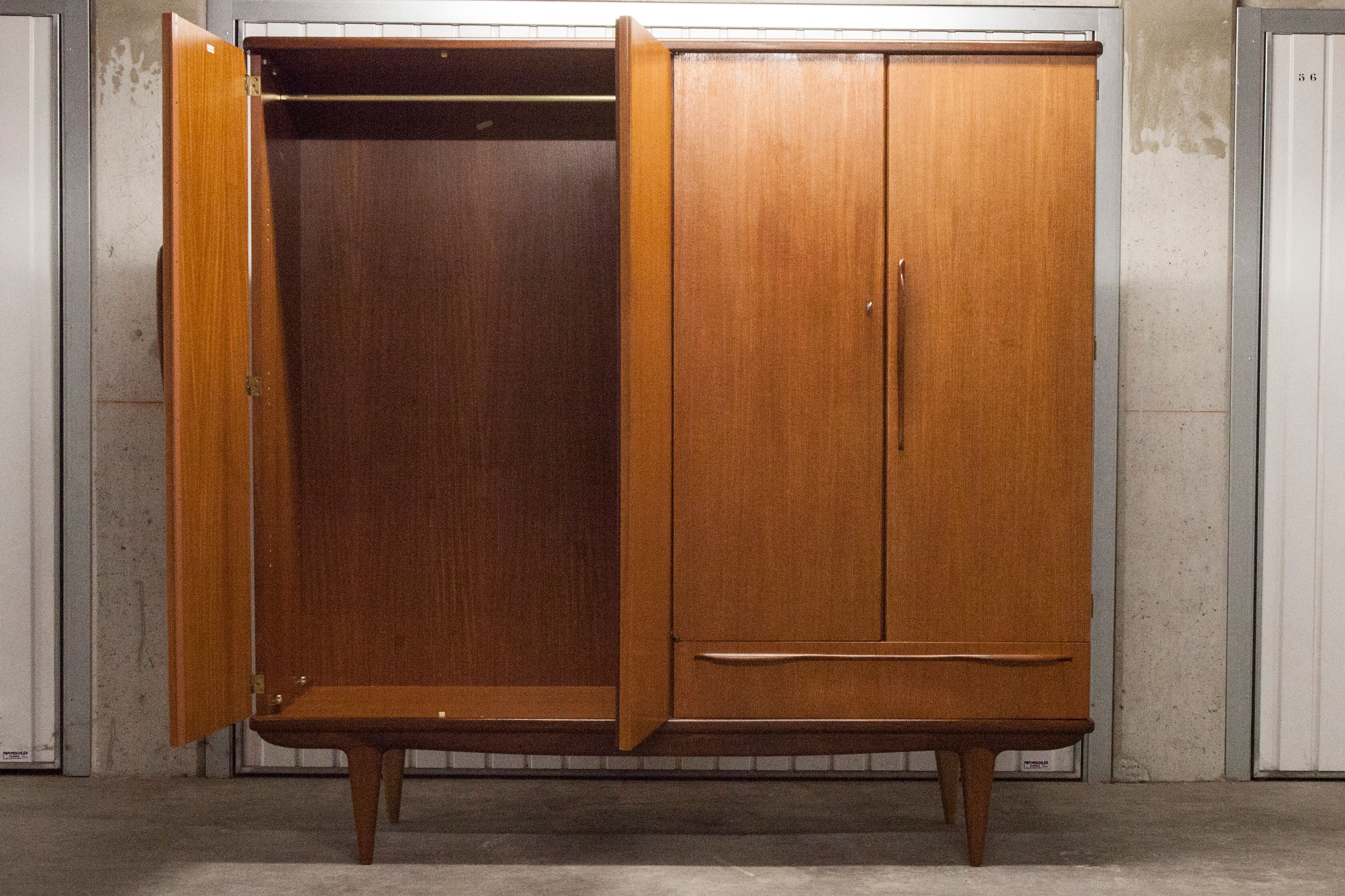 Scandinavian wardrobe 1960 teak 4 doors, 3 drawers, 2keys