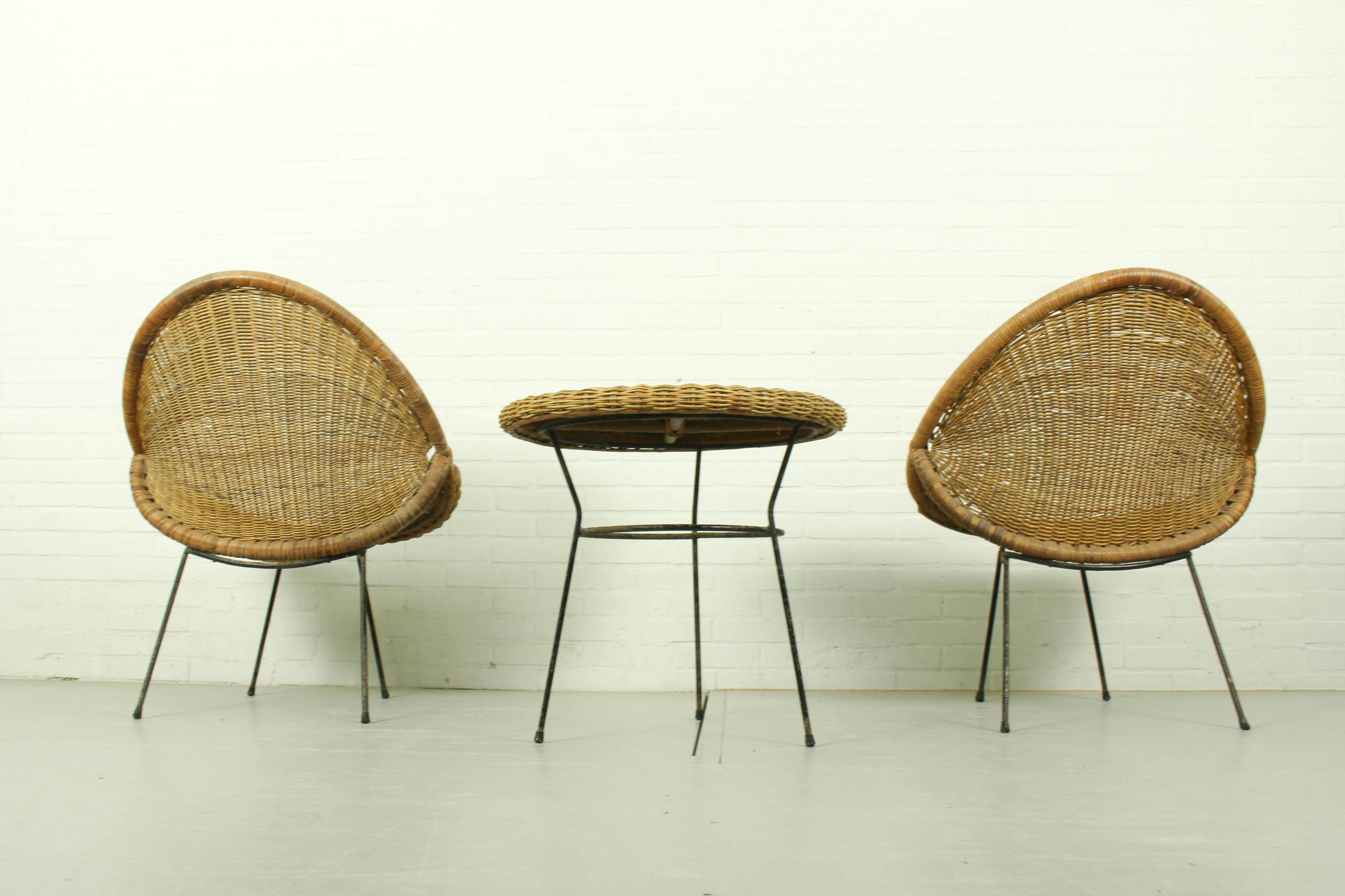 1950s Italian Rattan Basket Chairs & Matching Bistro Table Set