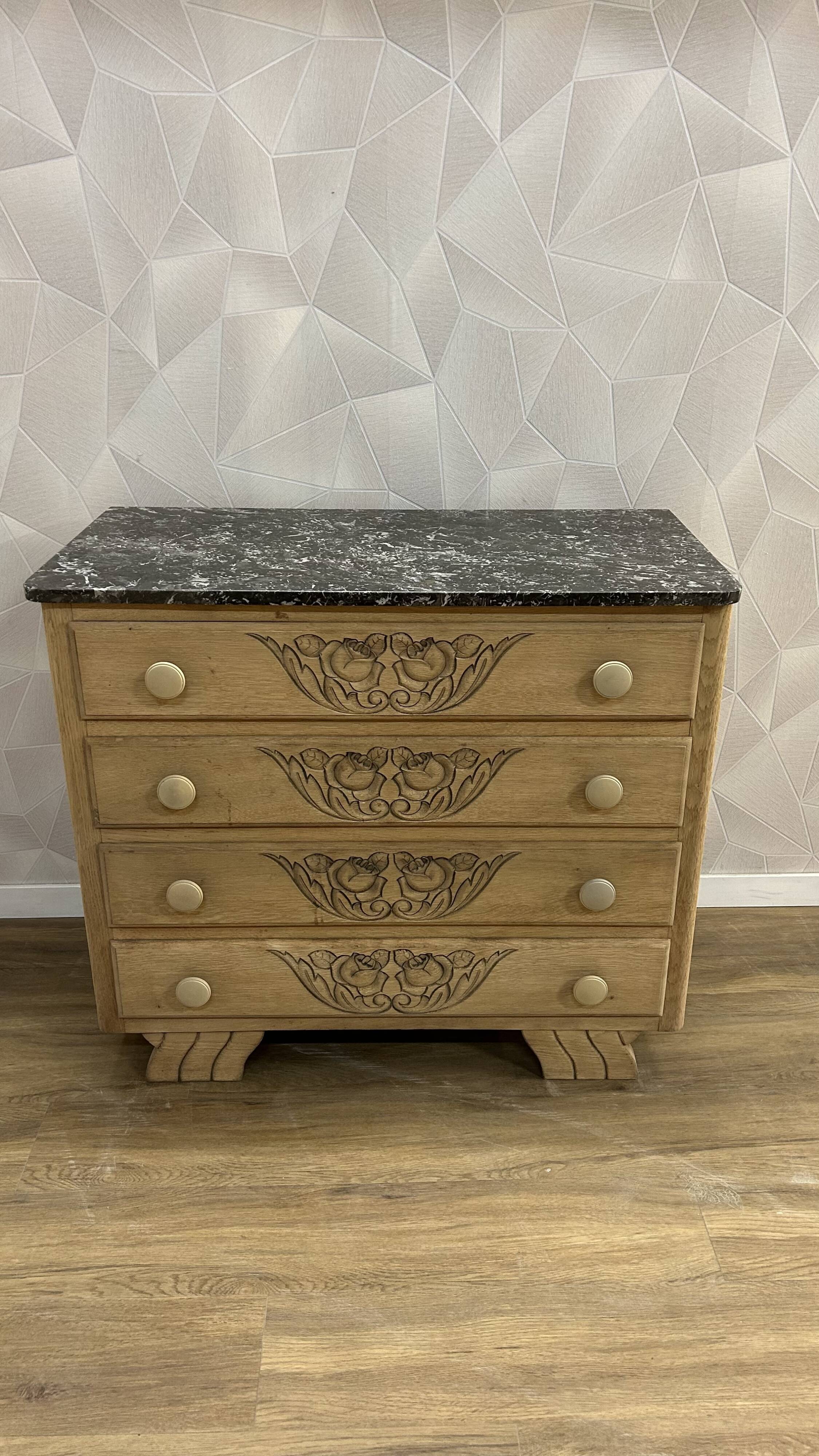 Art Deco chest of drawers in black marble and stripped solid oak