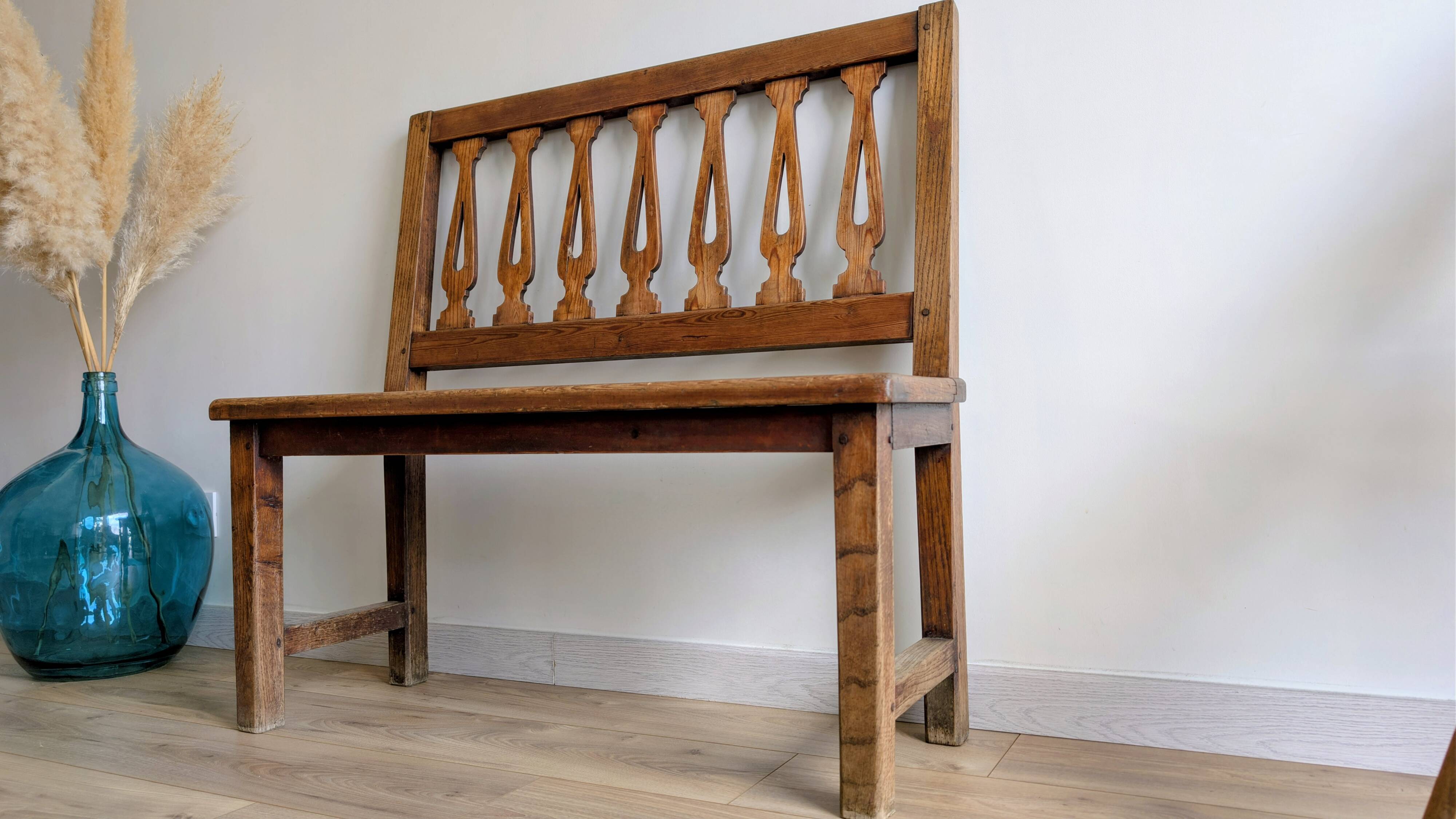 Old church bench in pitch pine, rustic charm and authentic patina.