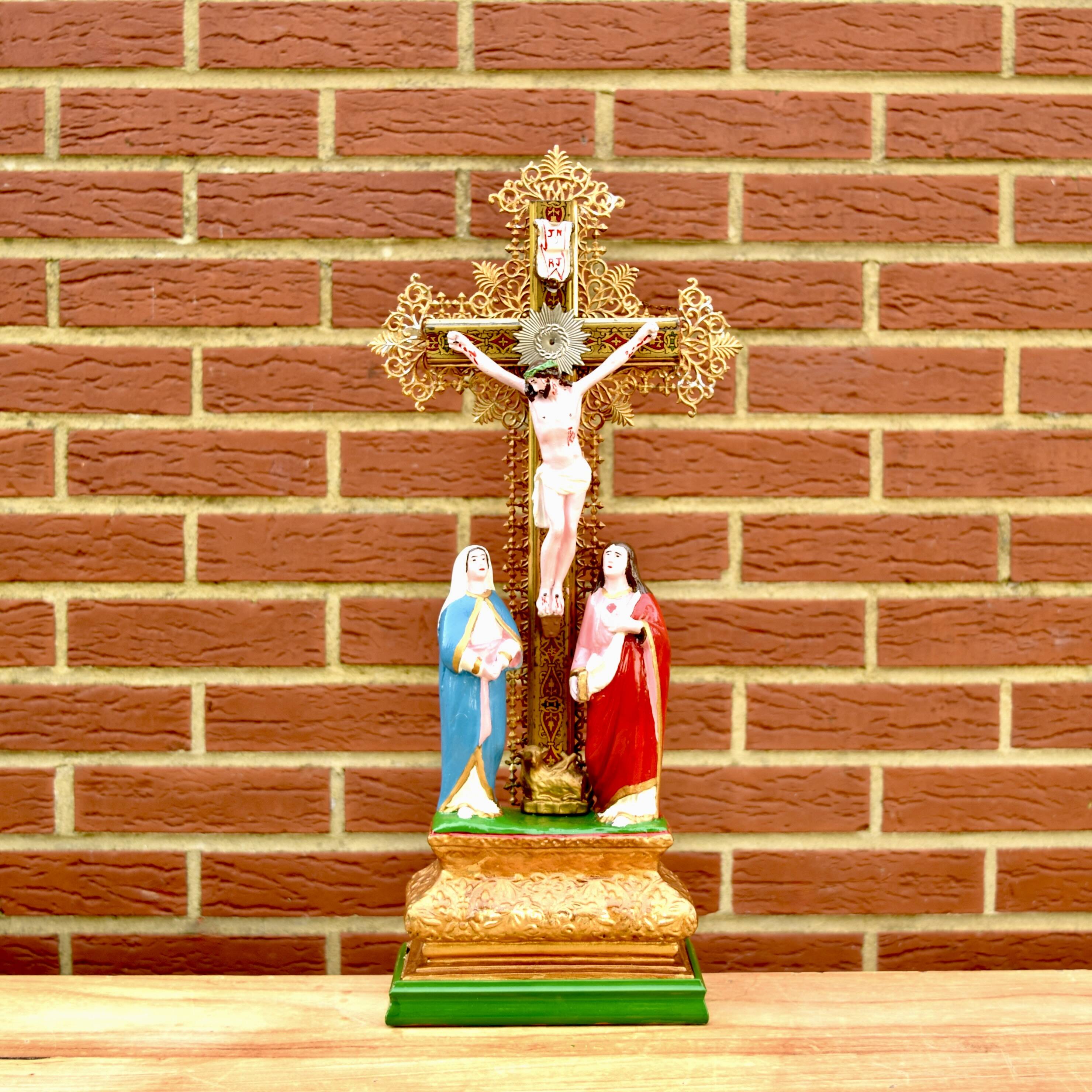 Vintage statuette Jesus on the Cross surrounded by Mary and John