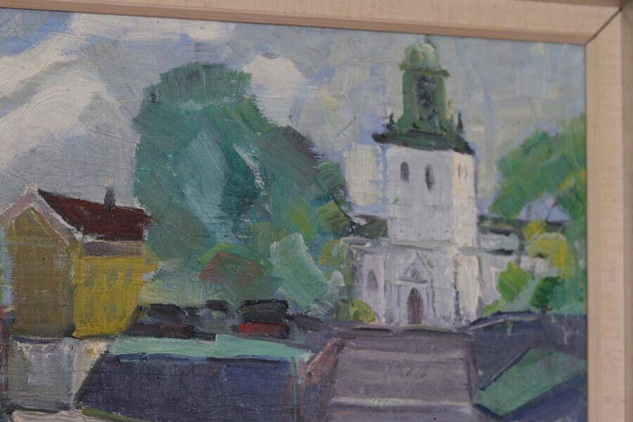 Original Swedish oil on canvas – “Church” by Stig Gilborne – vintage & framed – 67 × 52 cm (26.4" × 20.5")