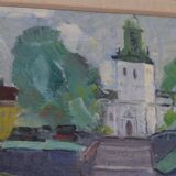 Original Swedish oil on canvas – “Church” by Stig Gilborne – vintage & framed – 67 × 52 cm (26.4" × 20.5")
