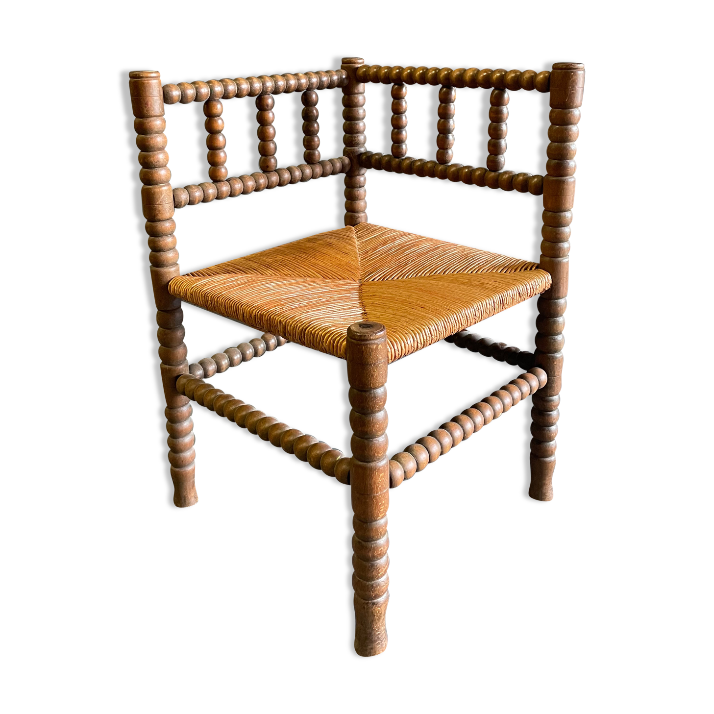 Chaise d’angle en bois et paille années 50
