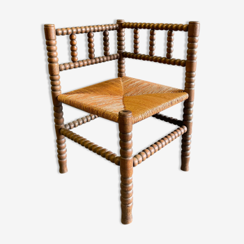 Chaise d’angle en bois et paille années 50