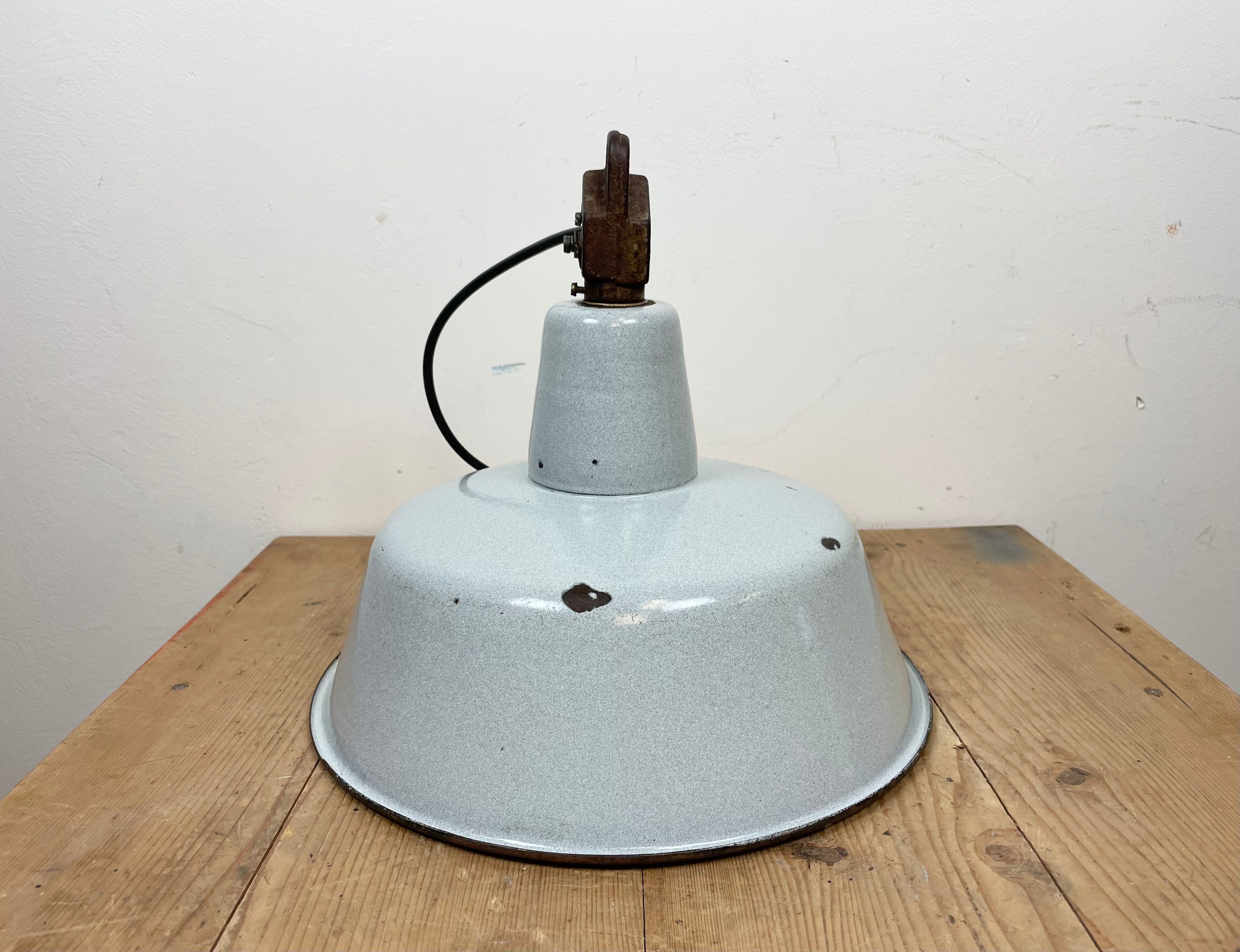 Industrial Grey Enamel Factory Lamp with Cast Iron Top, 1960s