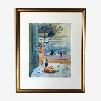 Watercolor "La Terrasse" by Huguette Carron (1900-1975)