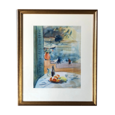 Watercolor "La Terrasse" by Huguette Carron (1900-1975)