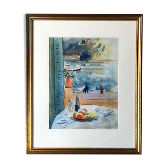 Aquarelle "La Terrasse" signée Huguette Carron 1900-1975