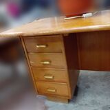 Old vintage wooden desk 1950 with curtain file cabinet and storage shelf