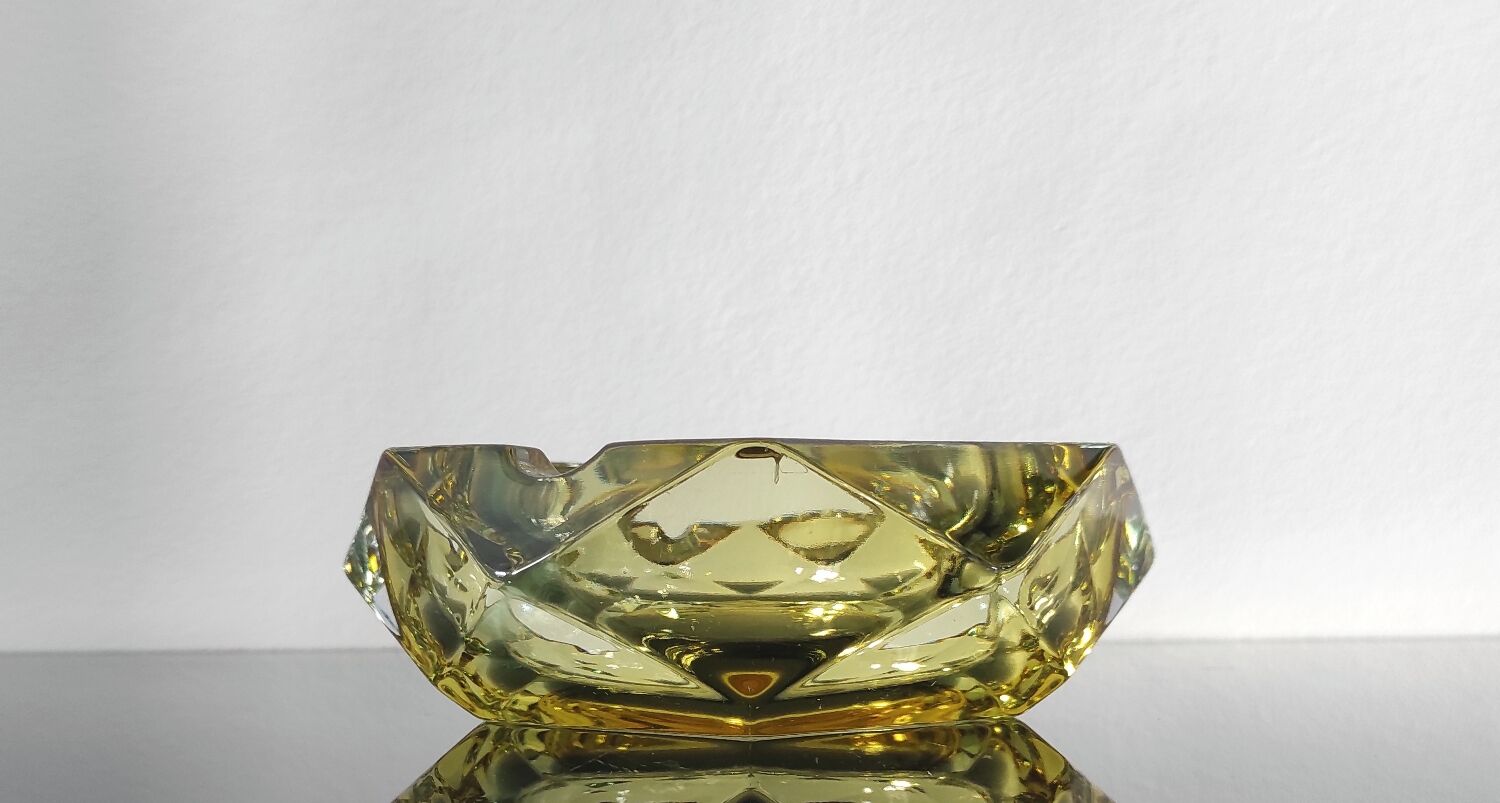 Vintage yellow faceted glass ashtray