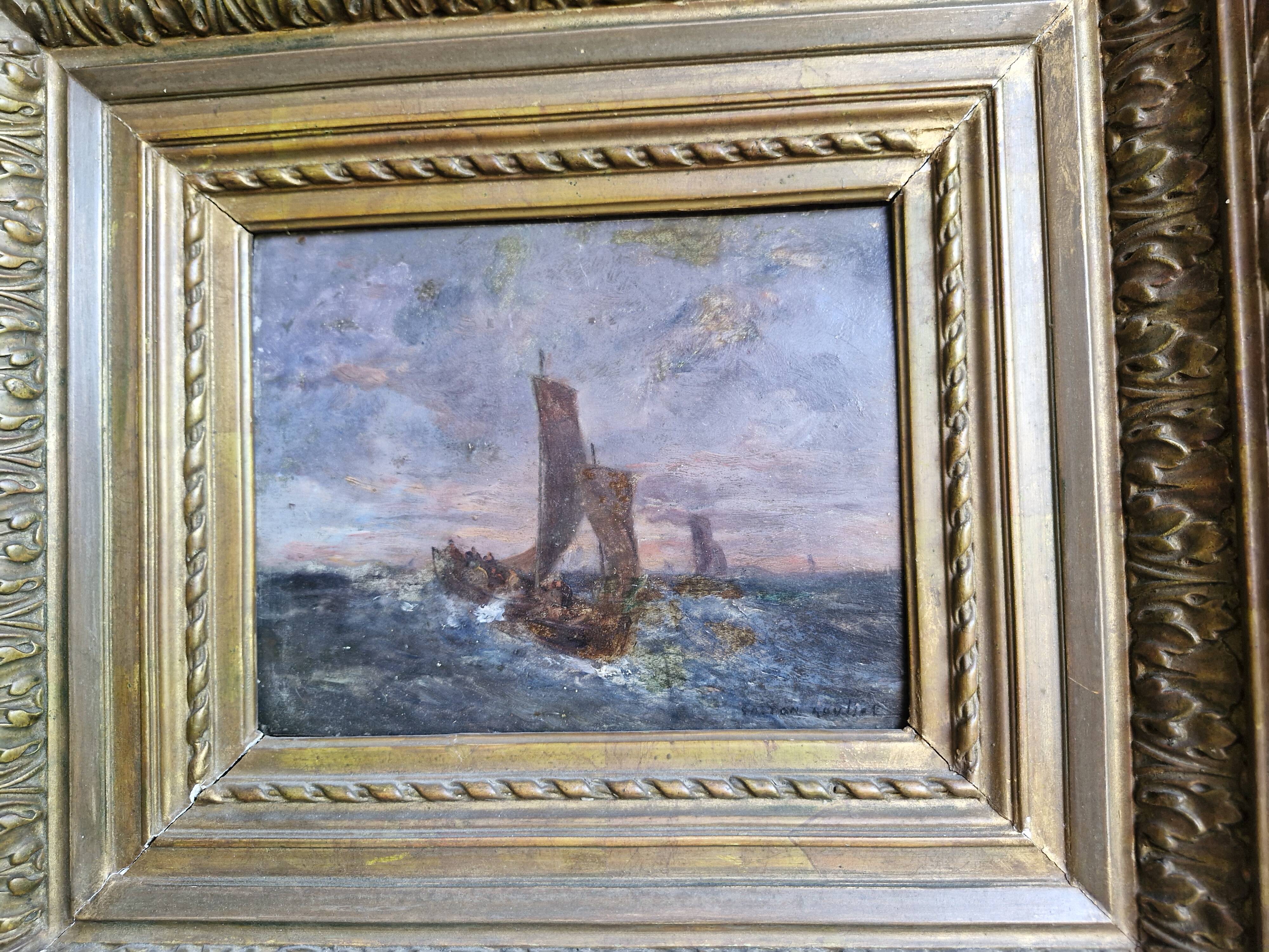 19th-century painting signed by Gaston Roullet, marine painter.