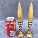 Vintage Set of 2 Brass Candle Holders with Antique Candles, Elegant Home Decor