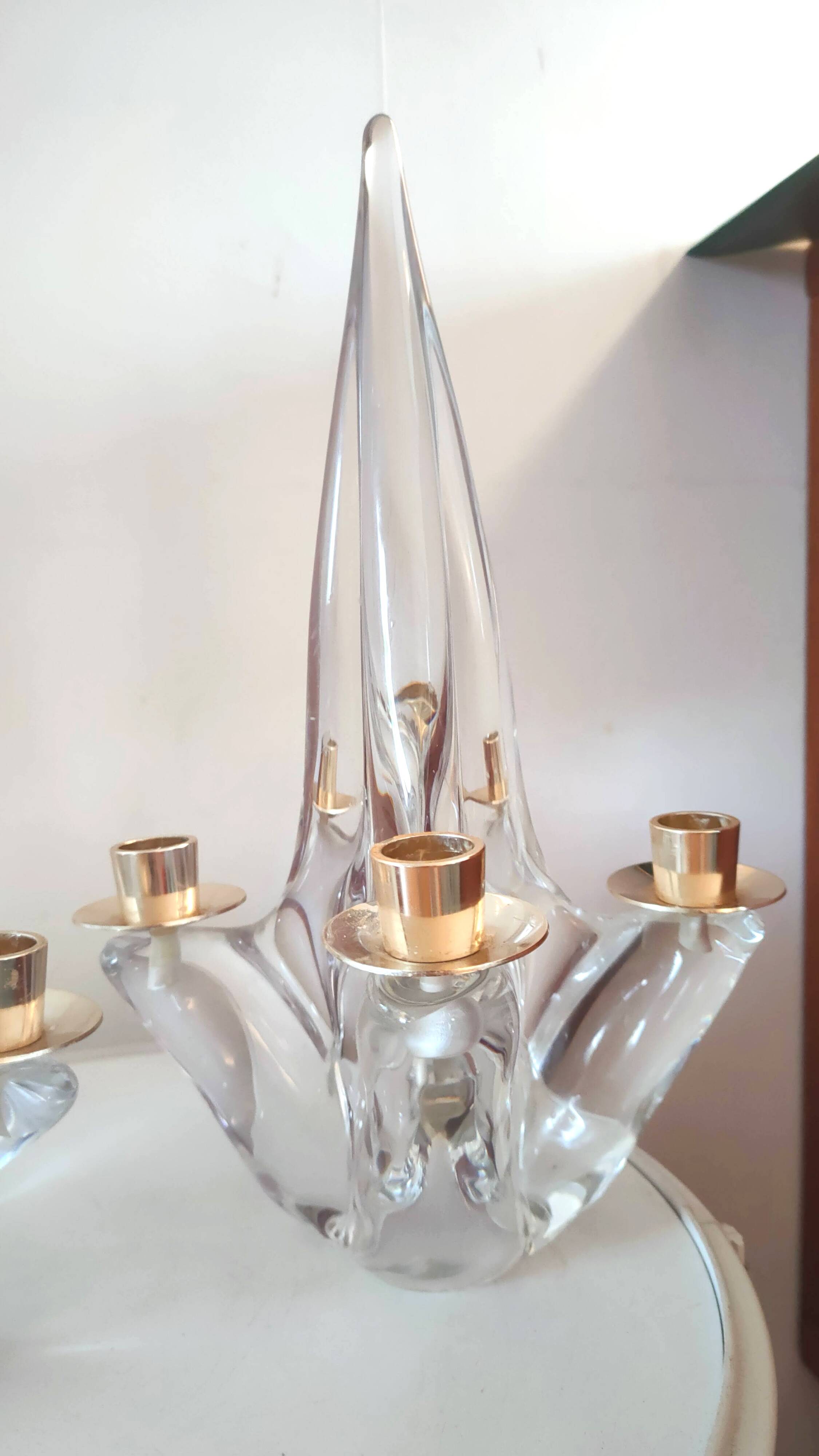 Pair of vintage Schneider crystal and brass candlesticks