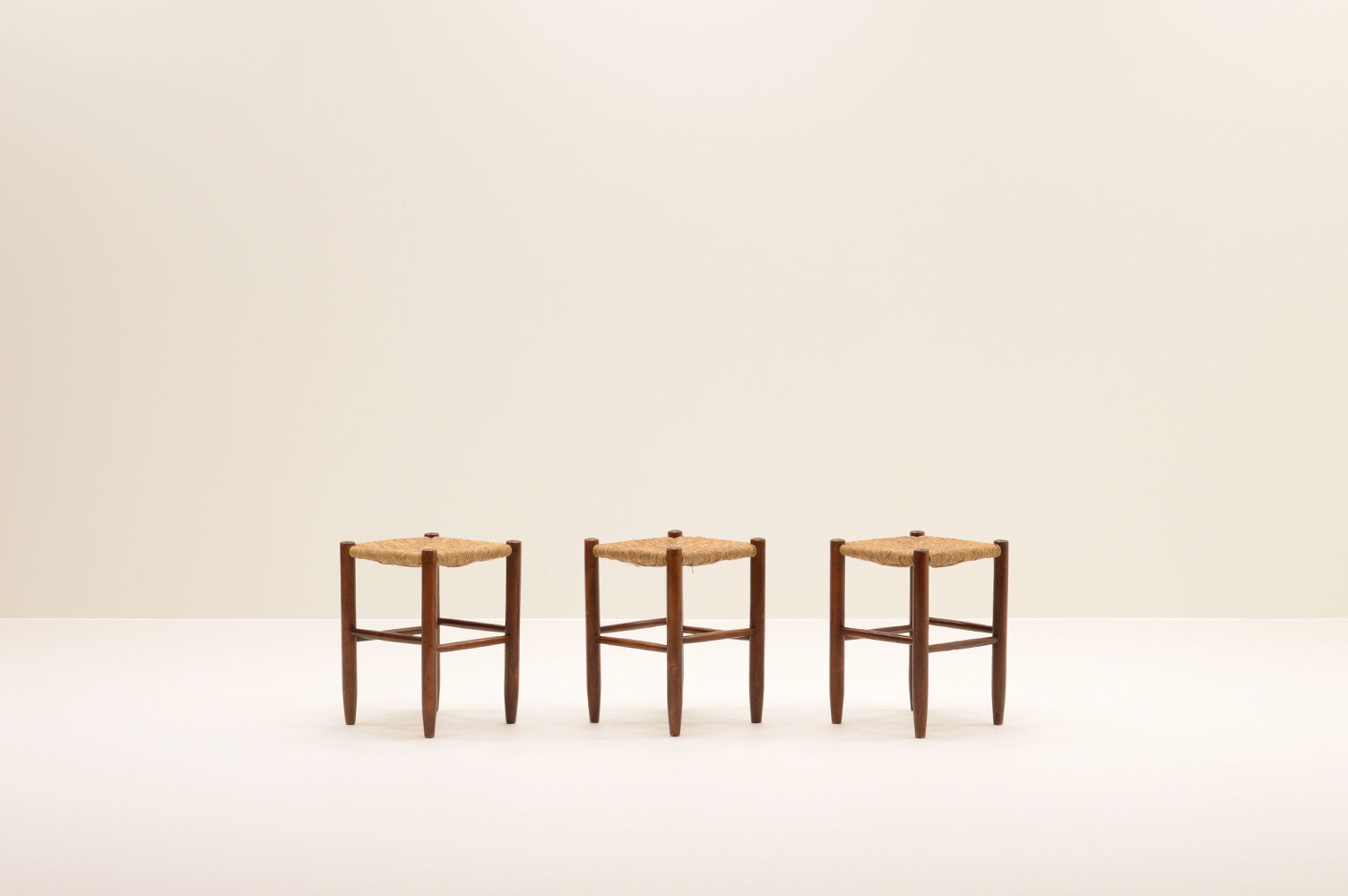 Set of 3 brutalist rush stools, French 70s.
