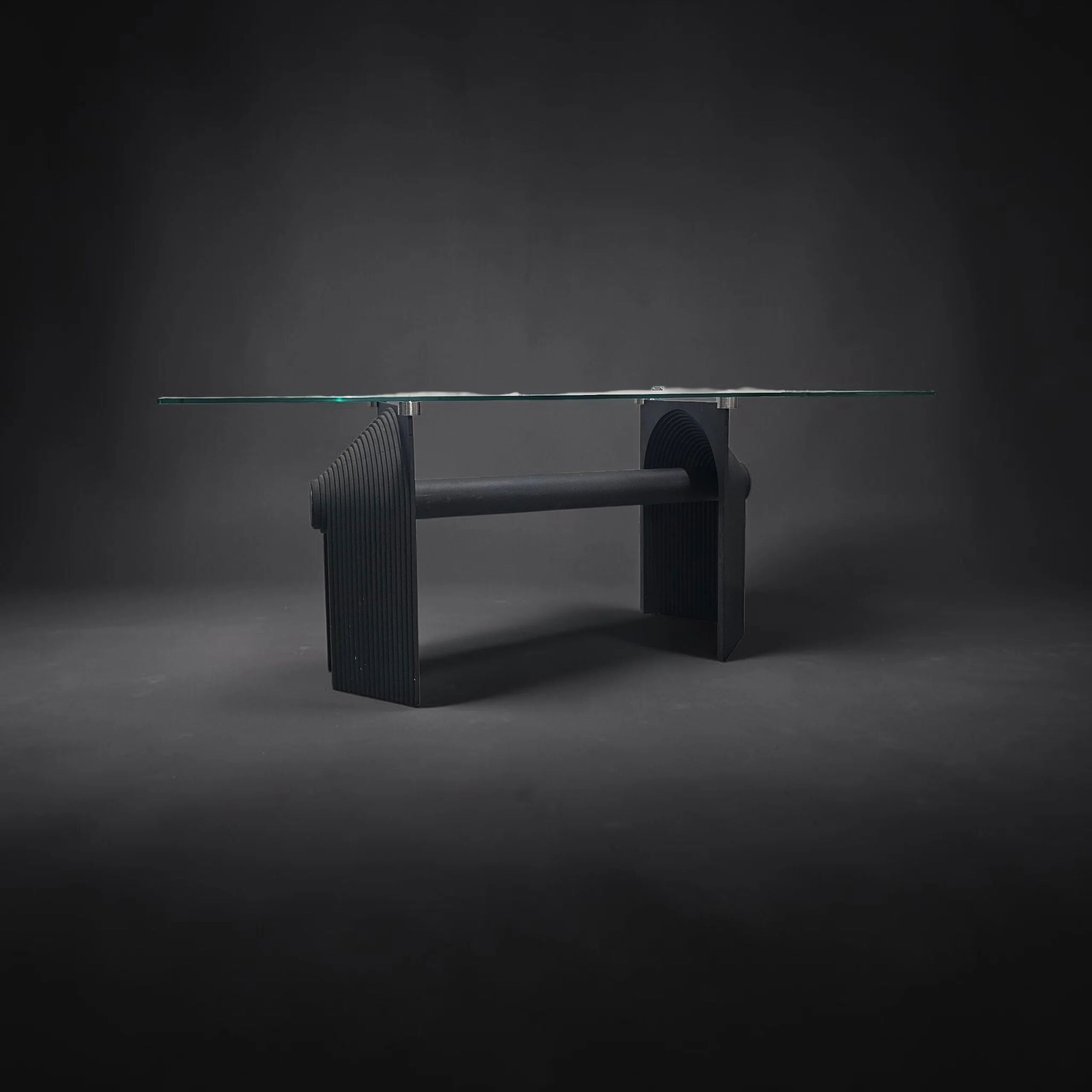 Post Modern Cast Iron Black Dining Table or Desk with Glass Top / 1980s