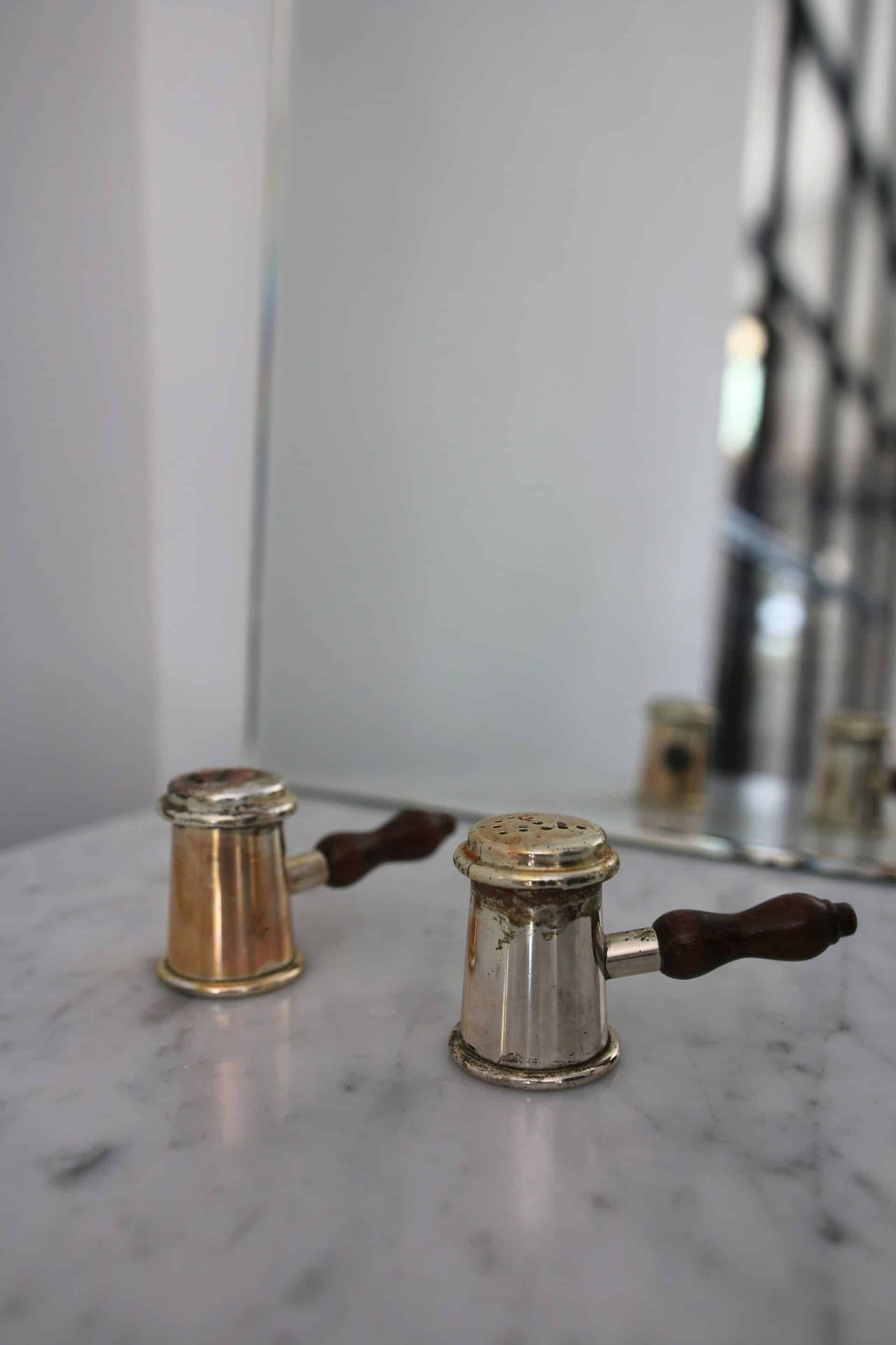 Antique brass salt and pepper shakers, Italy
