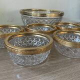 Salad bowl and cups in cut glass and brass