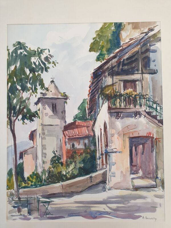 André Duculty (1912-1990) Watercolor on paper "Santa Caterina Del Sasso, Lake Maggiore, Italy" Signed