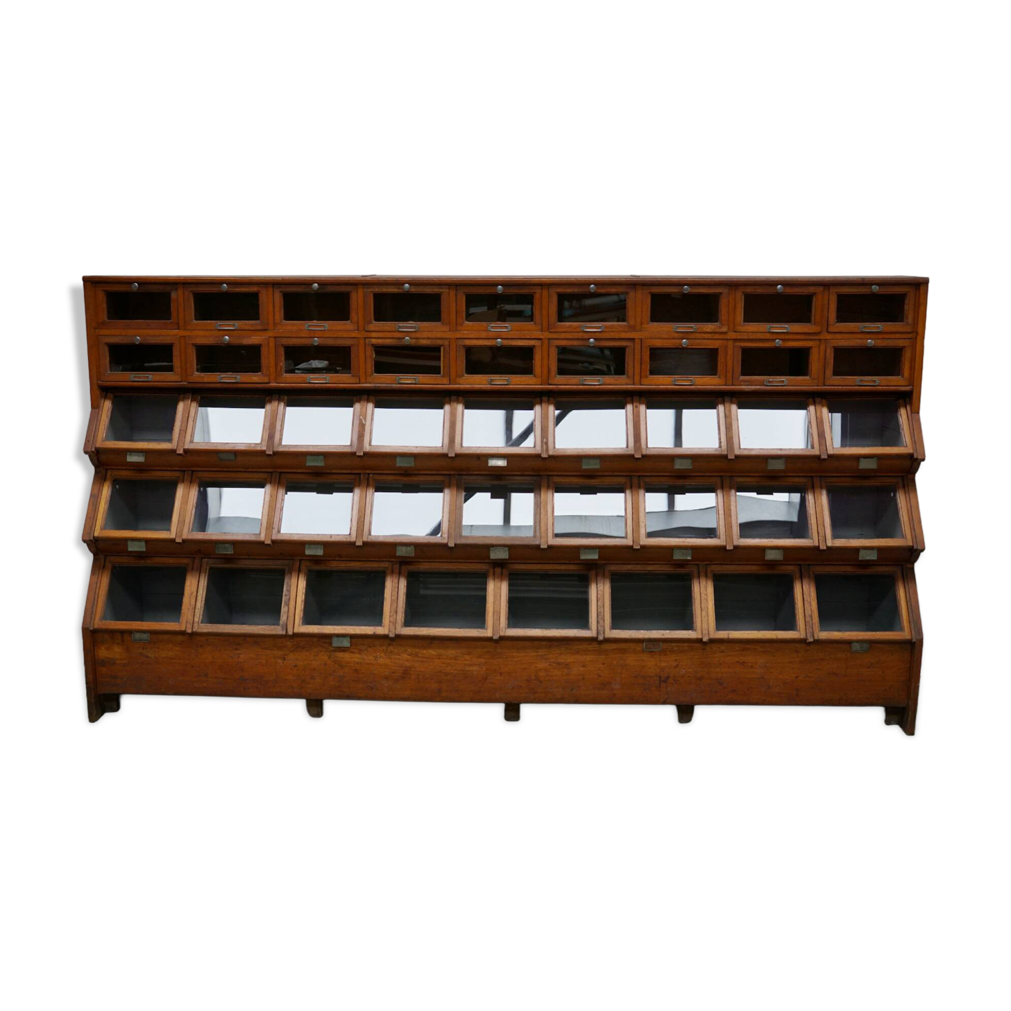 Very large Dutch oak showcase for grocery or haberdashery, 1920s-1930s