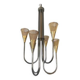 Vintage brass and rigitulle chandelier 6 lights