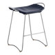 Bar stool, aged flat steel and navy blue leather, contemporary style.
