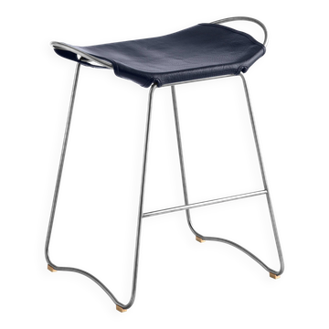 Bar stool, aged flat steel and navy blue leather, contemporary style.