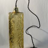 Vintage/art deco cylindrical pendant lamp in chiseled amber glass electrified