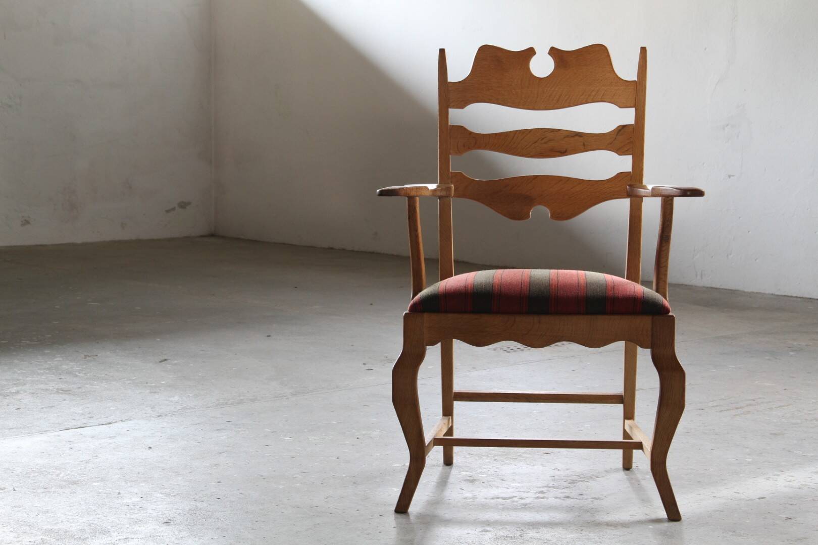 Vintage Brutalist Oak Razorblade Red Striped Armchair by H. Kjærnulf, 1960s