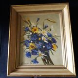 Old oil painting depicting a bouquet of flowers.