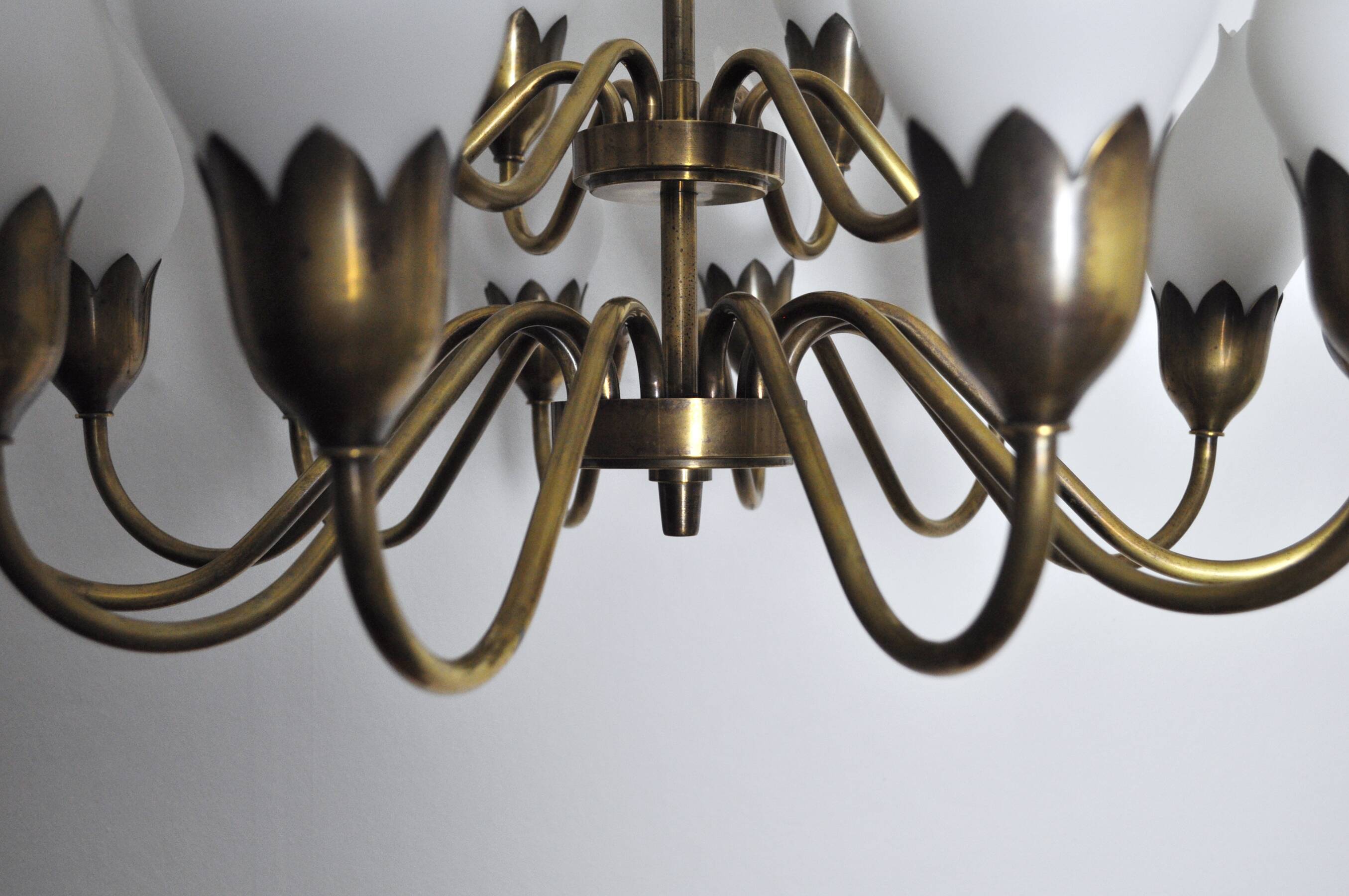 Fog & Mørup 18-Arm Brass and Opaline Glass Tulip Chandelier