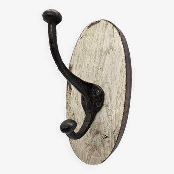 Solid teak coat hook with 1 double cast iron hook