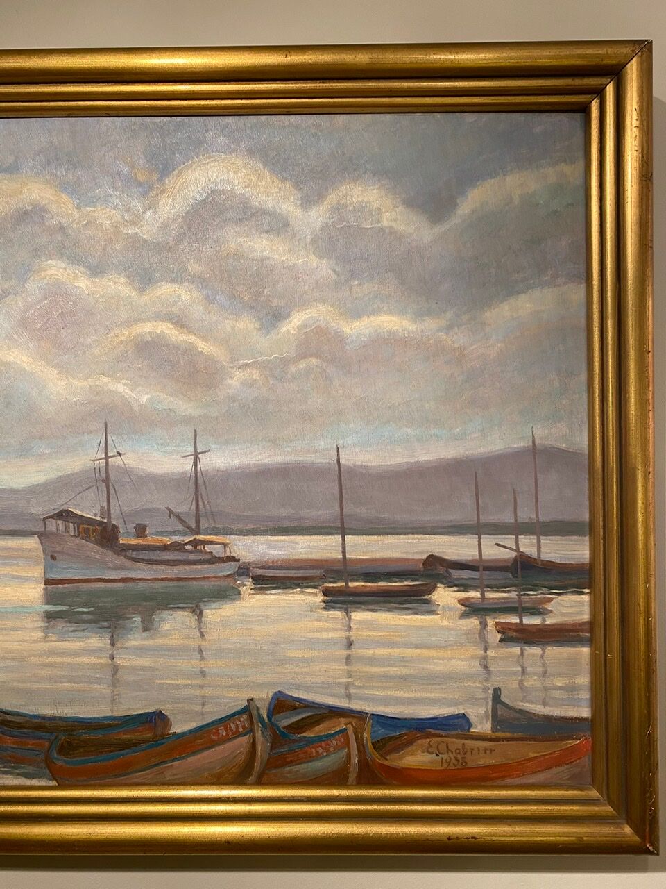 Old painting, Marine, signed E Chabrier and dated 1938