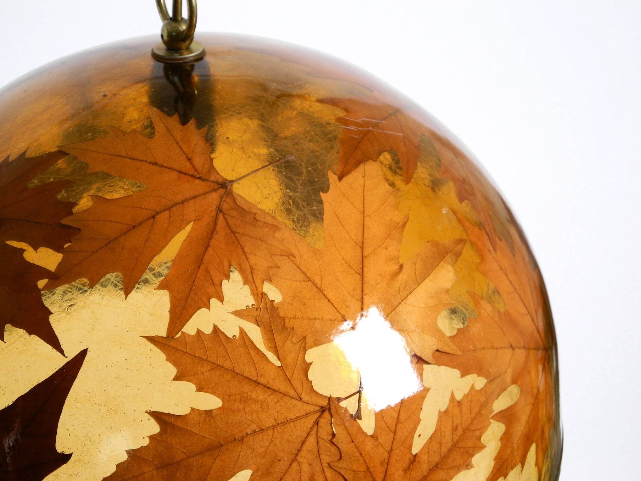 Rare, large 1970s Italian resin pendant lamp with embedded maple leaves