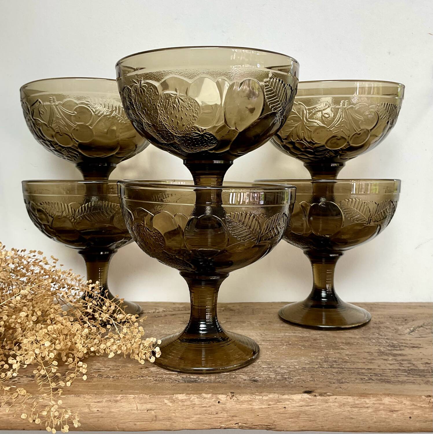 6 vintage Luminarc smoked glass fruit bowls