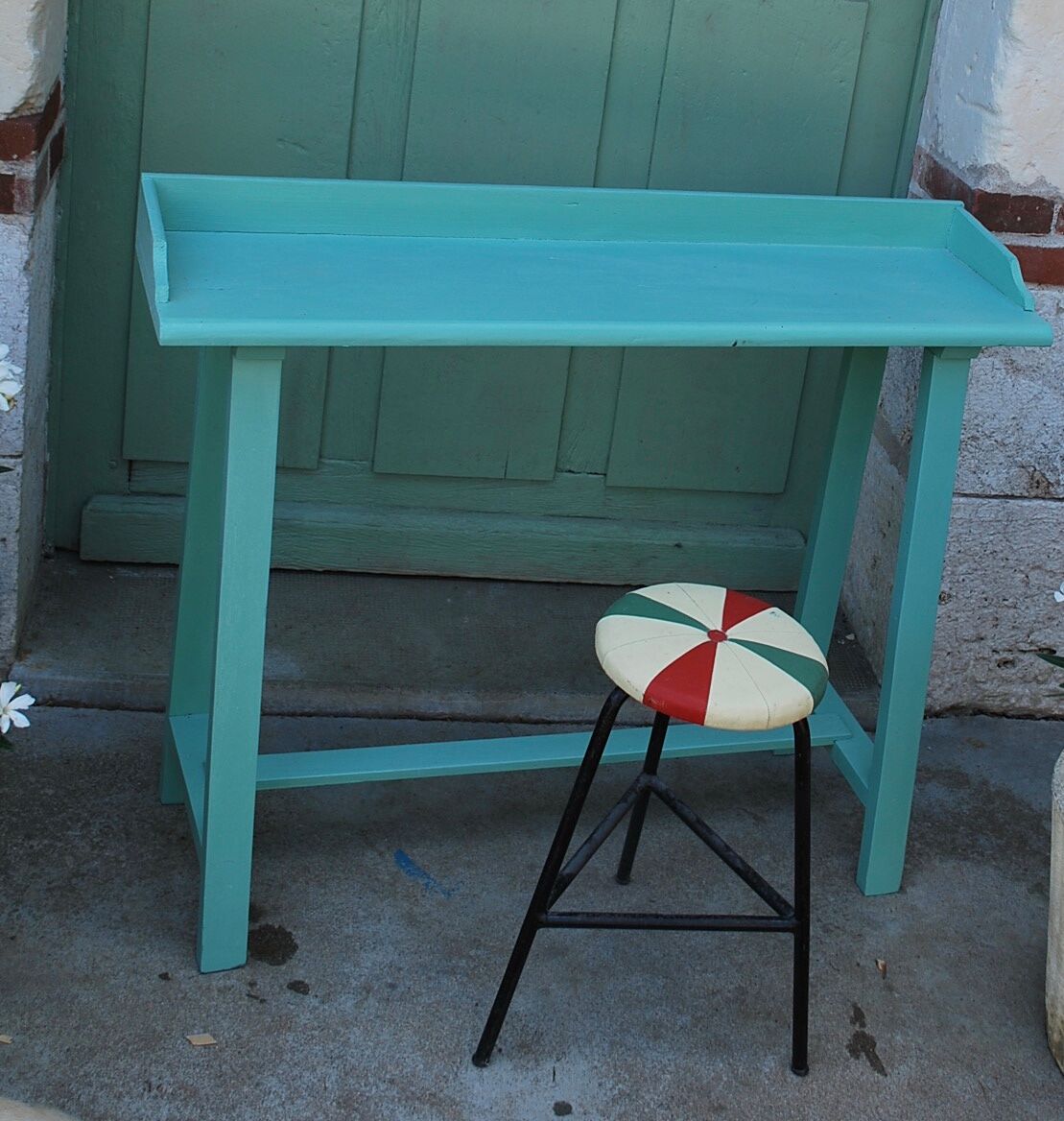 Console vintage vert menthe avec son tabouret