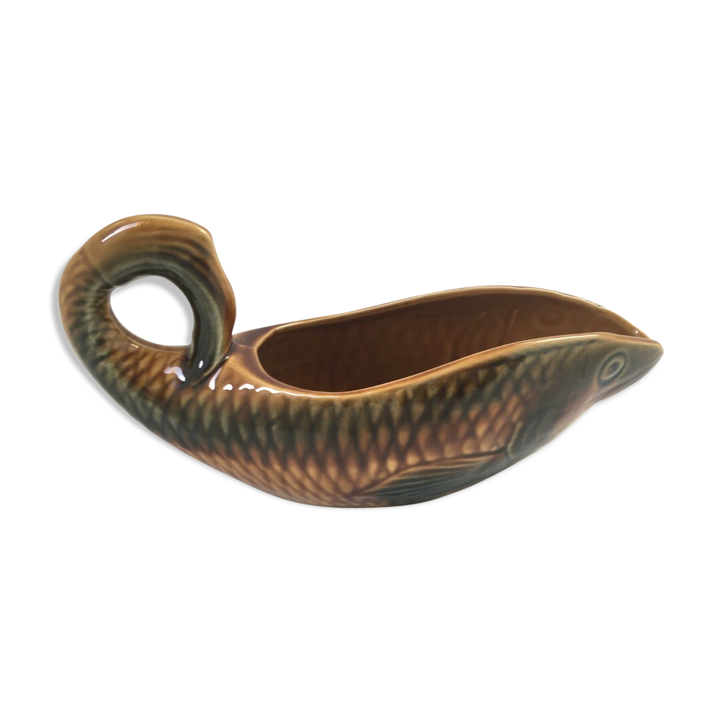 Sauciere fish Sarreguemines France chestnut majolica vintage